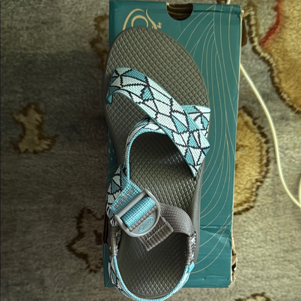 Chaco Aqua and Gray Geometric Sandals